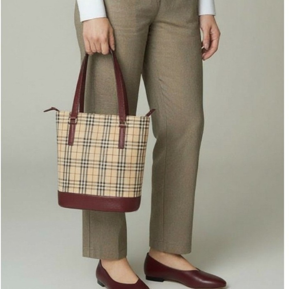 Burberry Small Haymarket Check Tote – Burgundy Trim - Picture 2 of 14